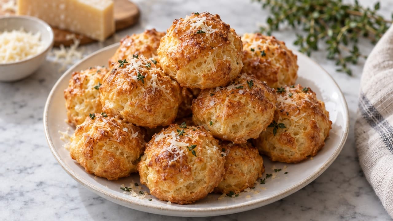 A plate piled with golden cheese gougères topped with grated parmesan and thyme, with parmesan wedges in the background
