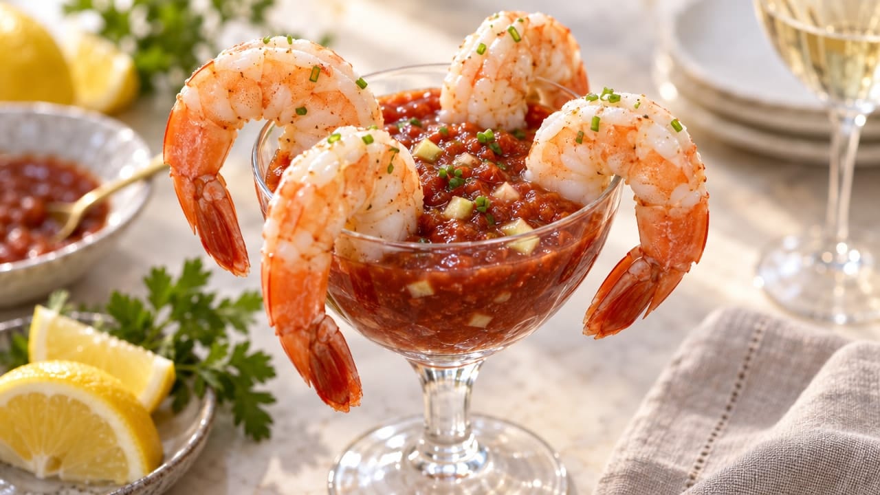 Four poached shrimp hooked over the rim of a glass filled with chunky cocktail sauce, with lemon wedges alongside