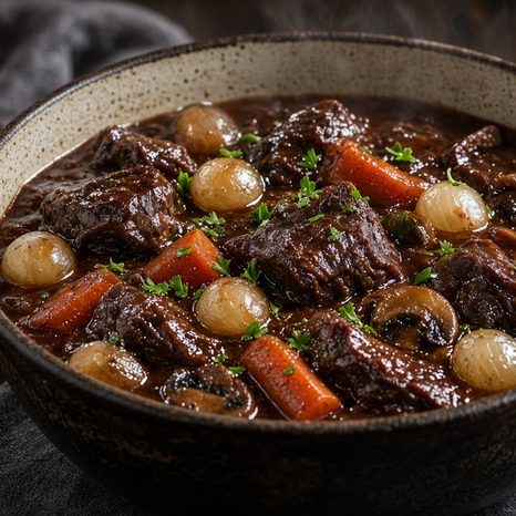 Dutch oven of beef bourguignon with tender beef, mushrooms and pearl onions in a glossy dark red wine sauce