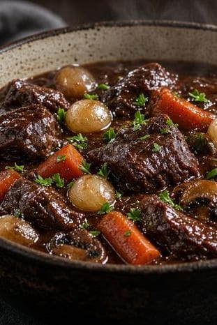 Dutch oven of beef bourguignon with tender beef, mushrooms and pearl onions in a glossy dark red wine sauce