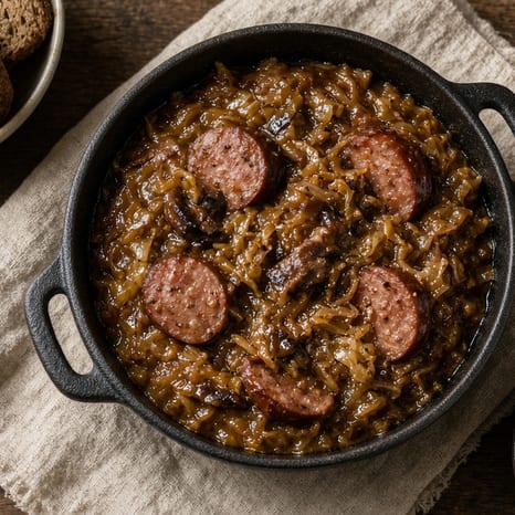 A bowl of dark bigos with sausage, sauerkraut, and mushrooms, and a slice of rye bread