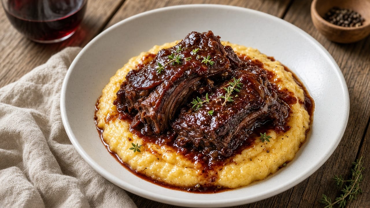 Red wine braised short ribs over creamy polenta in a shallow bowl