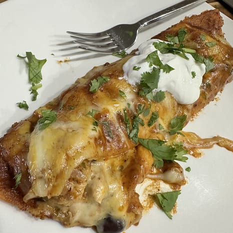Baking dish of rolled chicken enchiladas covered in red enchilada sauce and melted cheese, with bubbling edges and a blistered top