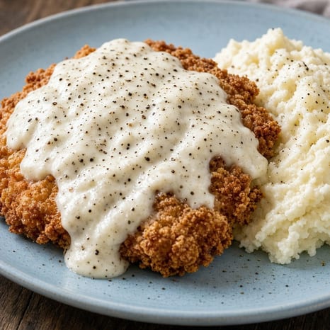 Craggy golden fried steak smothered in peppery country gravy beside a mound of mashed potatoes, on a blue plate