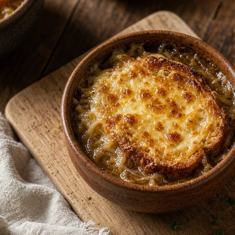 A crock of French onion soup with a browned, bubbling Gruyère toast
