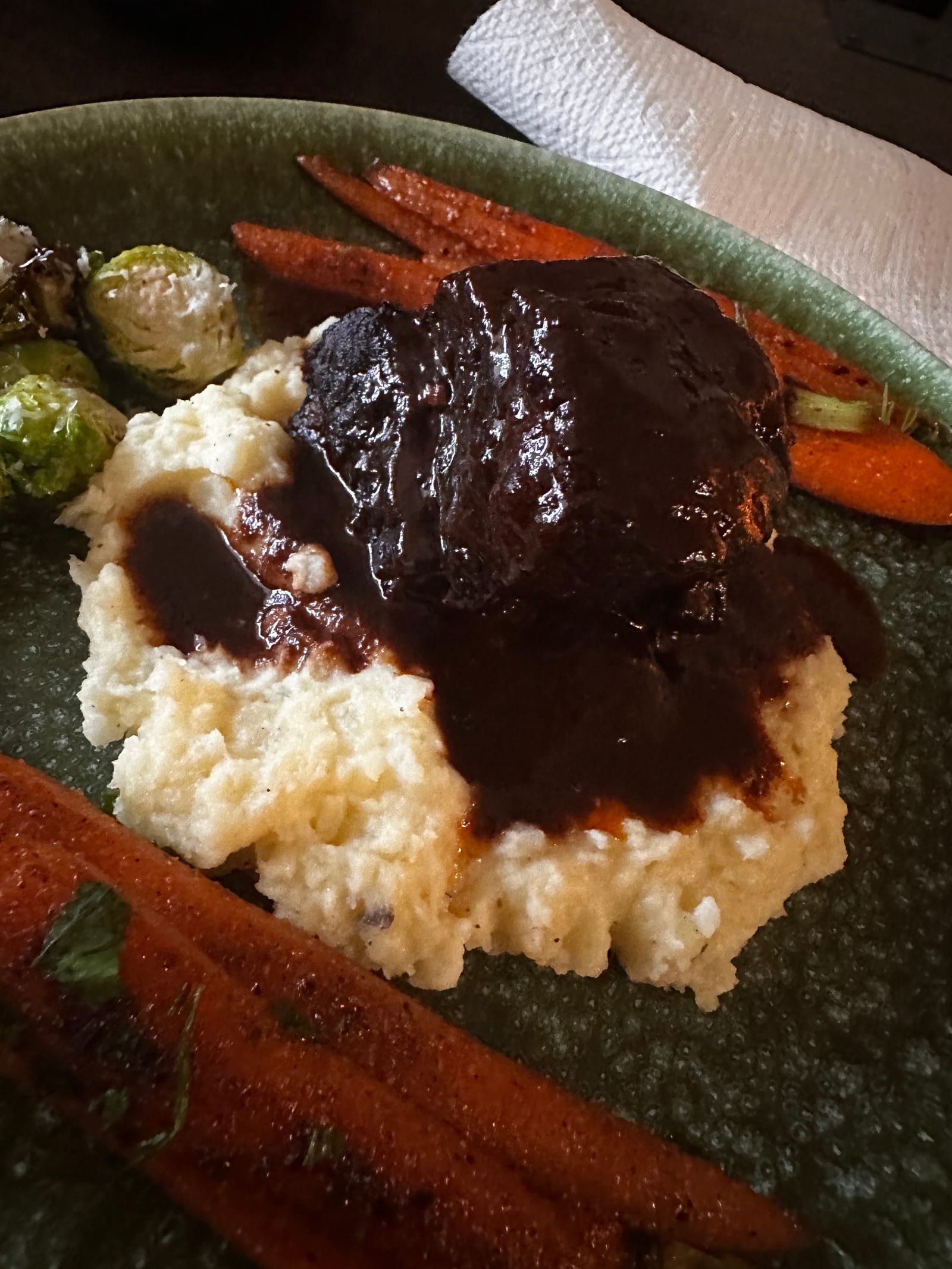 Braised beef bourguignon over mash with carrots