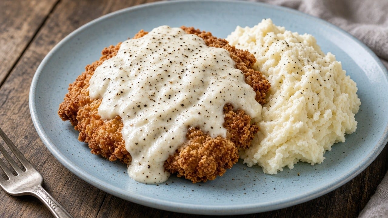 Breaded fried steak with pepper gravy and mash