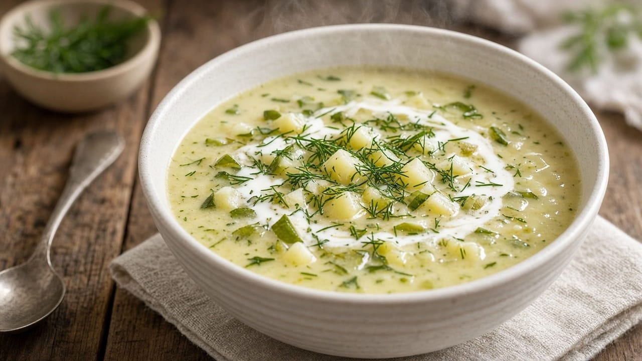 Zupa ogórkowa finished with sour cream and dill