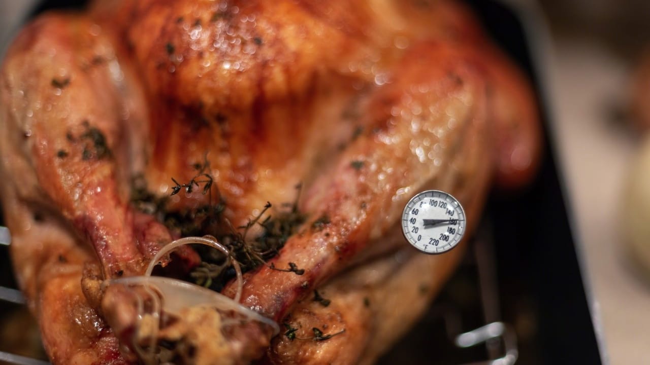 A dial meat thermometer inserted into the thigh of a roasted turkey, its needle reading in the 160s, with fresh thyme and trussed legs visible
