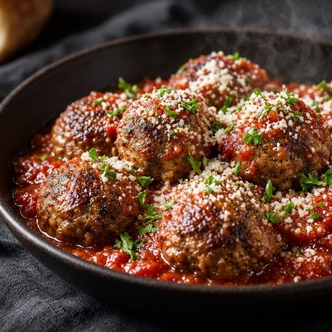 Italian meatballs in tomato sauce topped with grated Parmesan and parsley, served with bread
