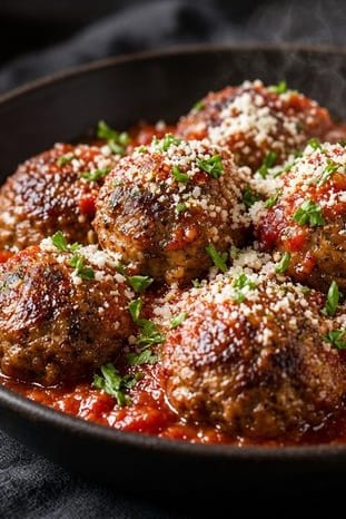 Italian meatballs in tomato sauce topped with grated Parmesan and parsley, served with bread