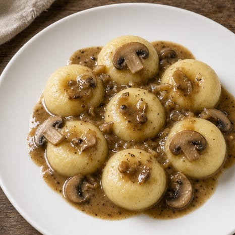 Dimpled Silesian potato dumplings covered in mushroom gravy