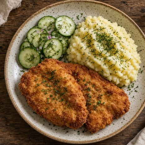 Golden breaded pork cutlets with dill mashed potatoes and lemon wedges
