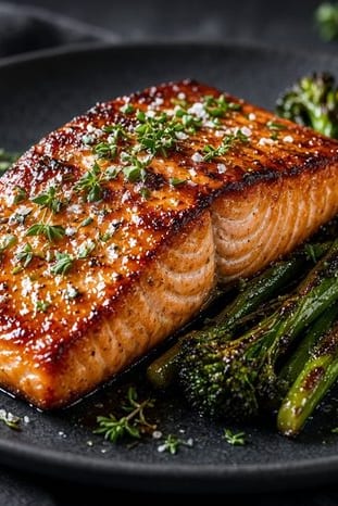 Roasted salmon fillets with a glossy caramelized maple glaze on a parchment-lined sheet pan, garnished with sliced scallions