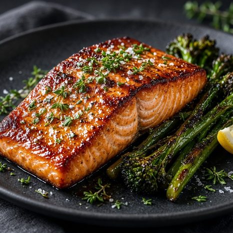 Roasted salmon fillet with a glossy caramelized maple glaze