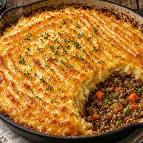 A skillet of shepherd's pie with browned cheddar mashed potatoes, one scoop taken out