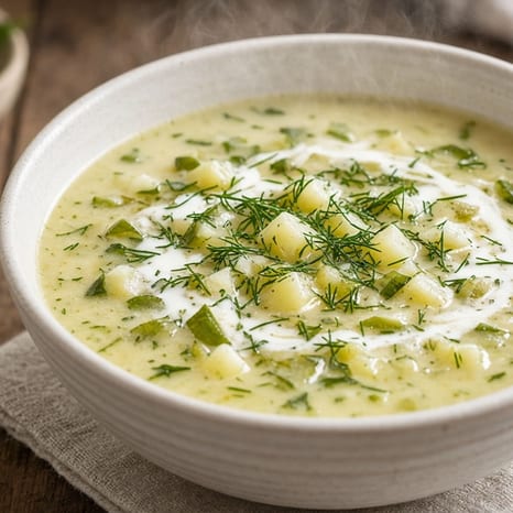 Bowl of creamy zupa ogorkowa with diced potato and pickle, a swirl of sour cream, and fresh dill on top