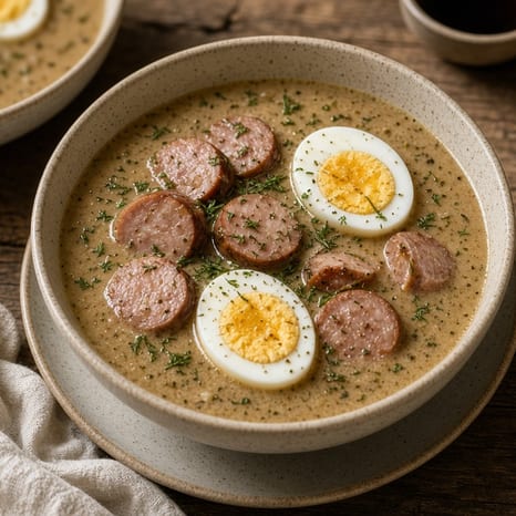 A bowl of creamy Polish żurek with sliced smoked sausage, a halved egg, and potatoes
